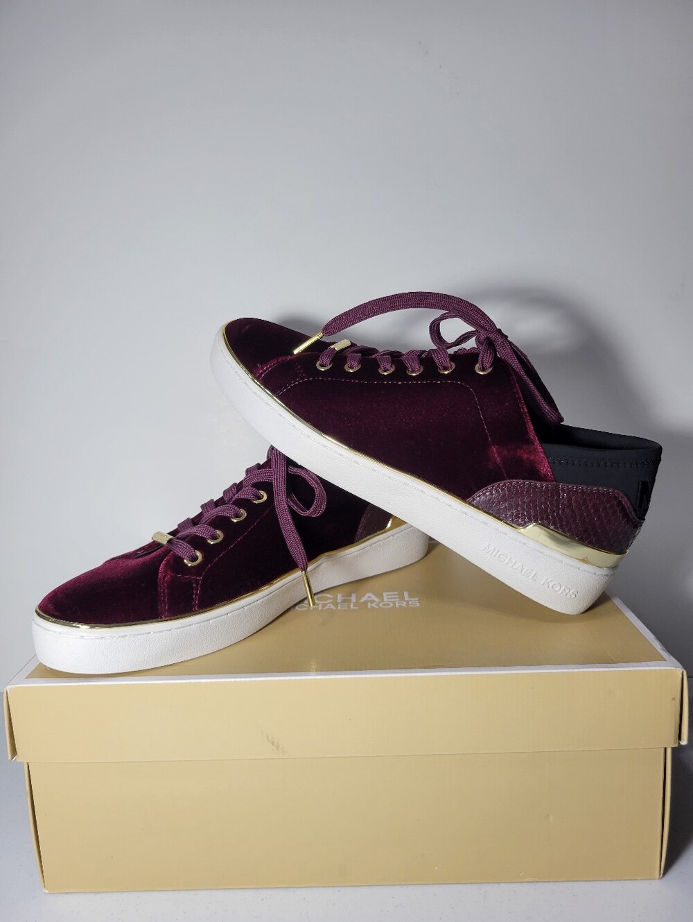 Michael Kors Burgundy Velvet Low Top Sneakers Gold Trim - Size 9